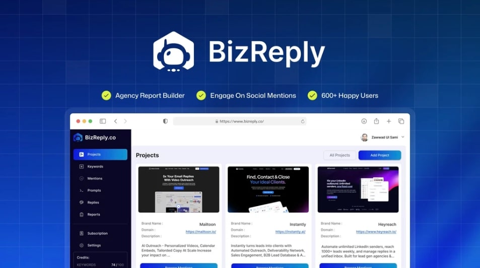 bizreply-dashboard-showcasing-successful-client-projects-and-features