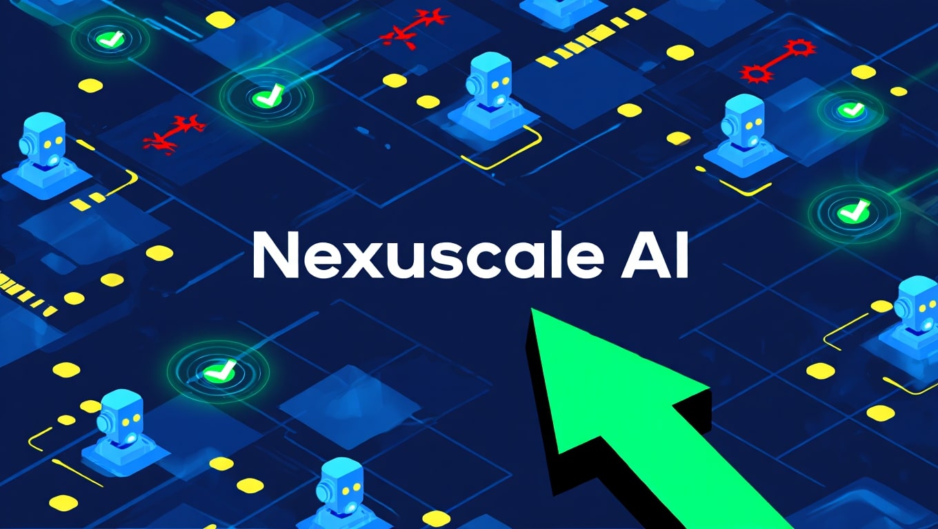 nexuscale ai-futuristic-ai-network-with-glowing-nodes-and-upward-trend-arrow