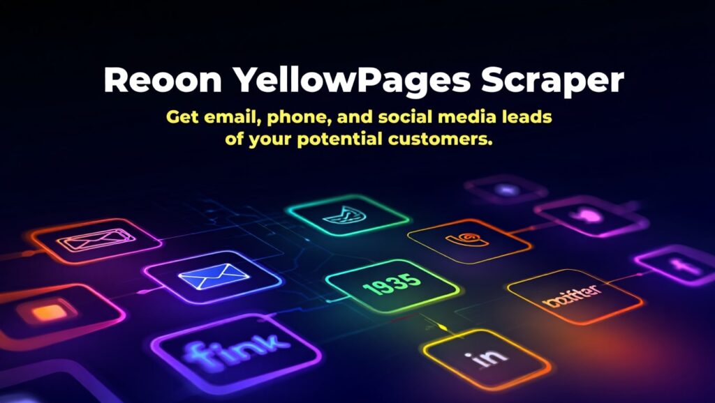 reoon-yellowpages-scraper-review-futuristic-digital-network-with-glowing-social-media-icons-and-business-leads