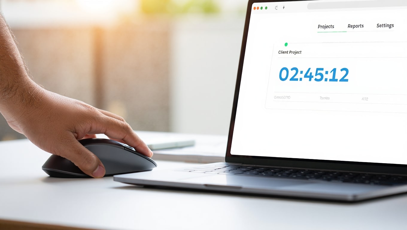 hand-using-mouse-on-laptop-with-project-timer-showing-progress