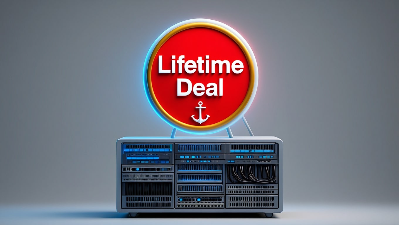 lifetime-deal-on-server-rack-with-glowing-sign-and-anchor