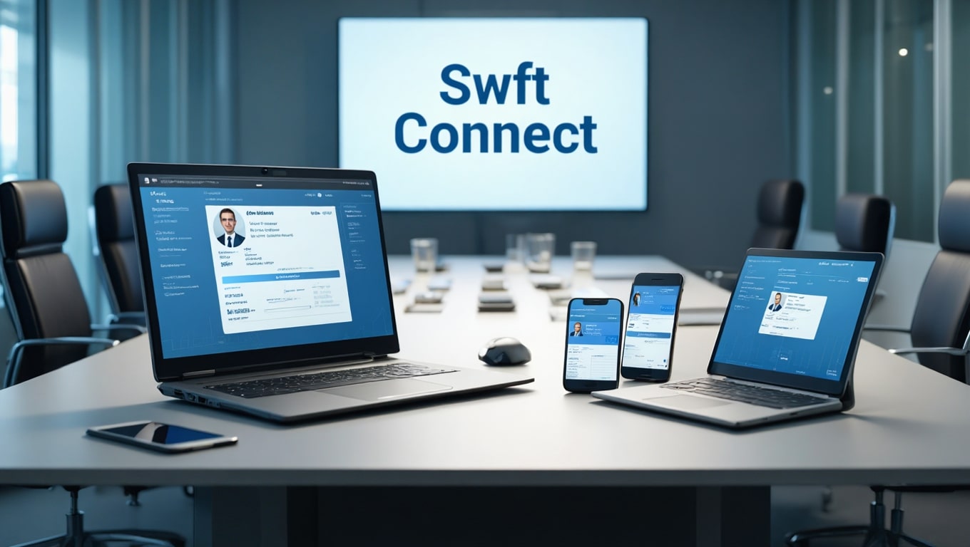 swft connect-modern-conference-room-with-laptops-and-phones-displaying-business-profiles