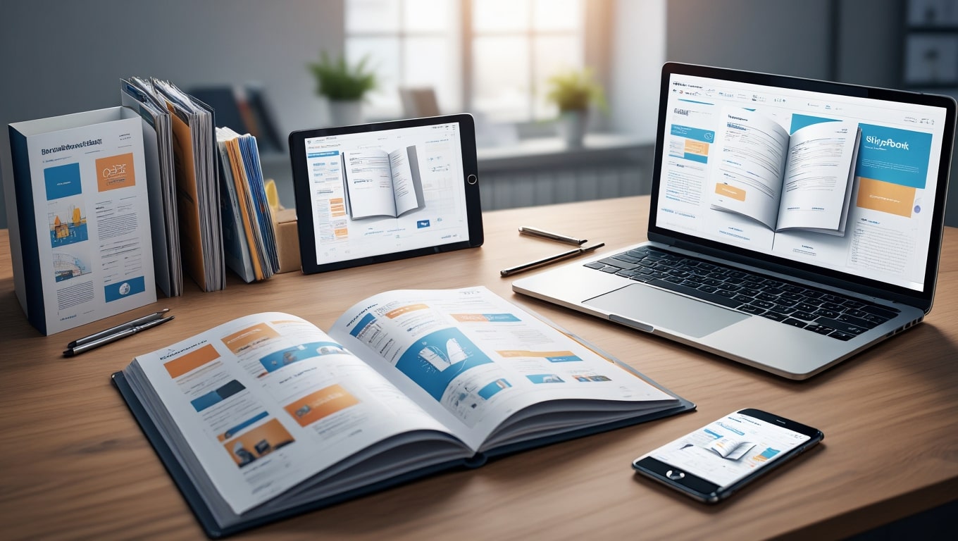 organized-workspace-with-open-book-laptop-and-tablet-displaying-reports