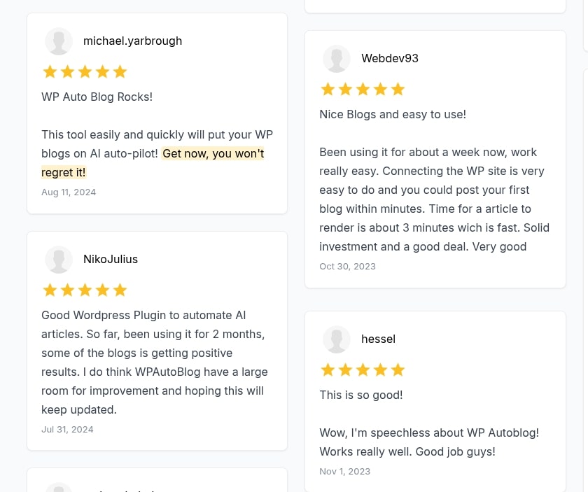 positive-customer-reviews-for-ai-blog-automation-tool