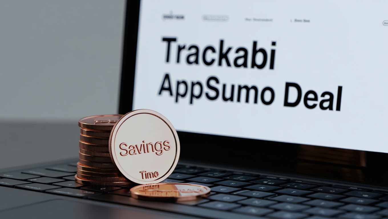 trackabi appsumo-stack-of-coins-representing-savings-and-time-on-a-laptop-with-deal-information