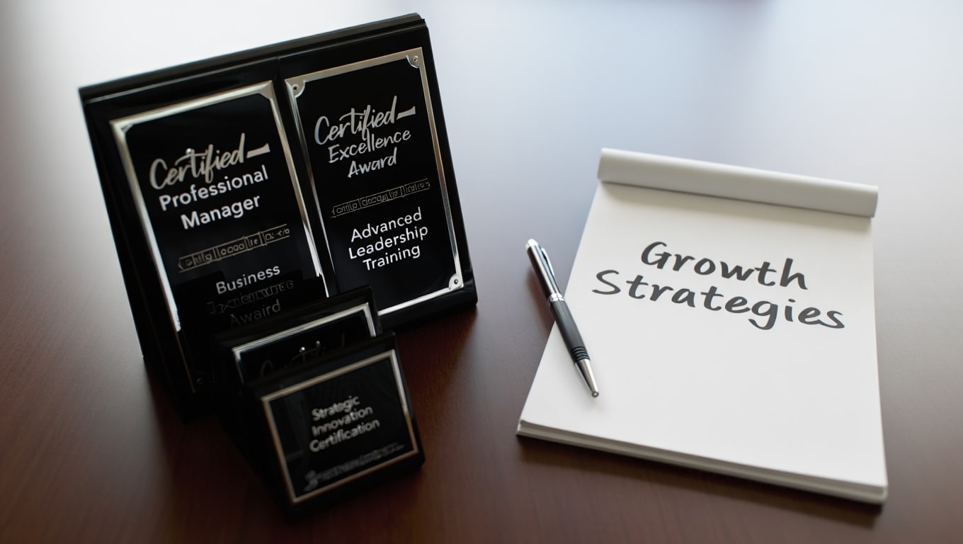 business-awards-and-notepad-with-growth-strategies-concept
