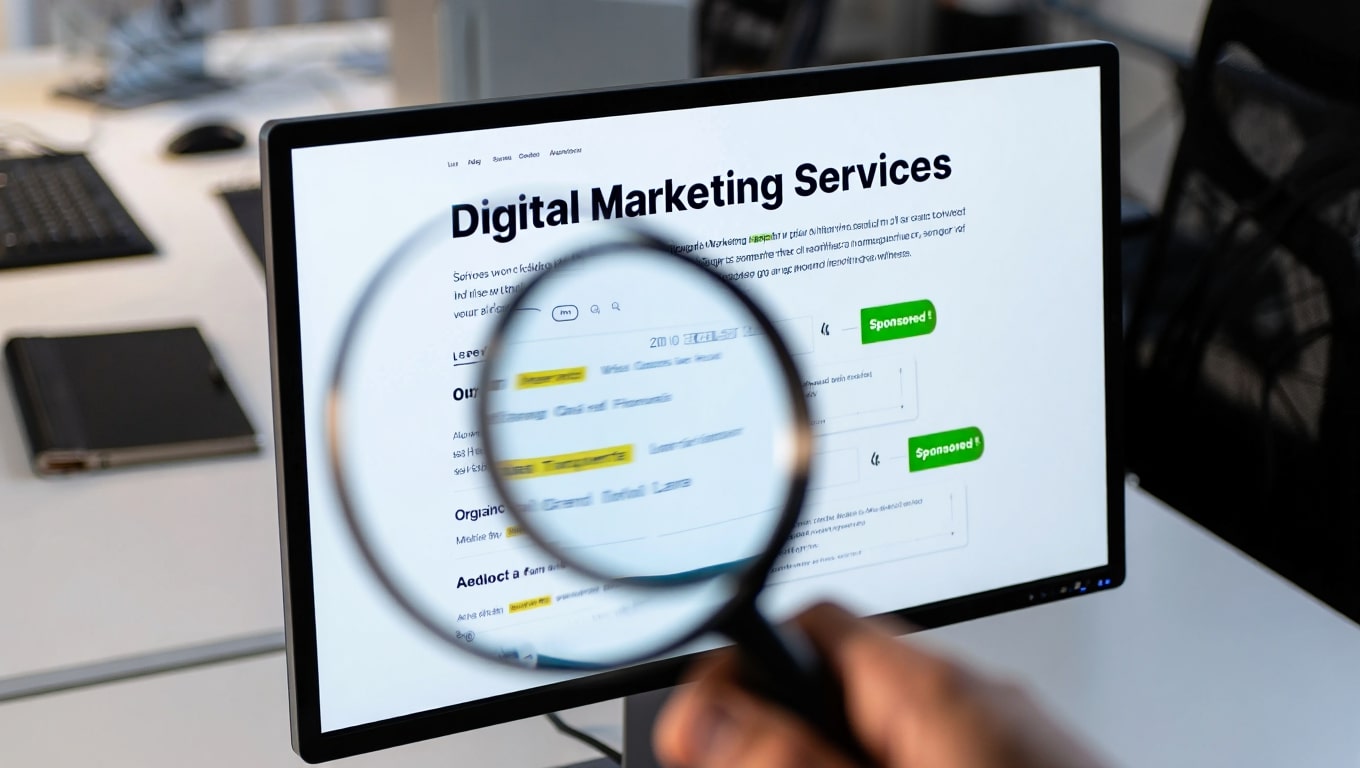 magnifying-glass-over-computer-screen-showing-digital-marketing-services