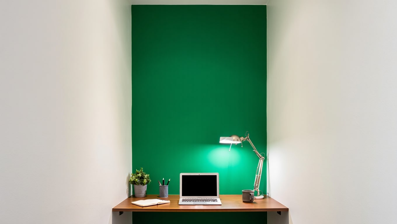 modern-desk-setup-with-laptop-and-lamp-on-a-green-wall