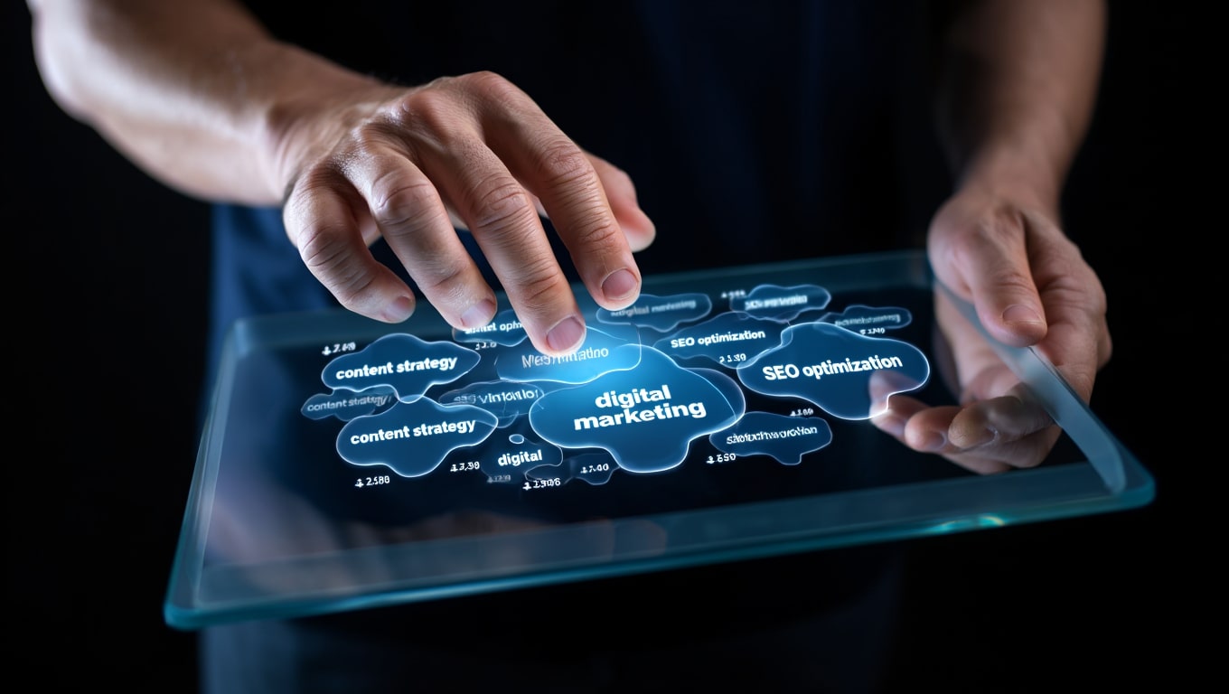 person-interacting-with-digital-marketing-concept-on-futuristic-tablet-screen