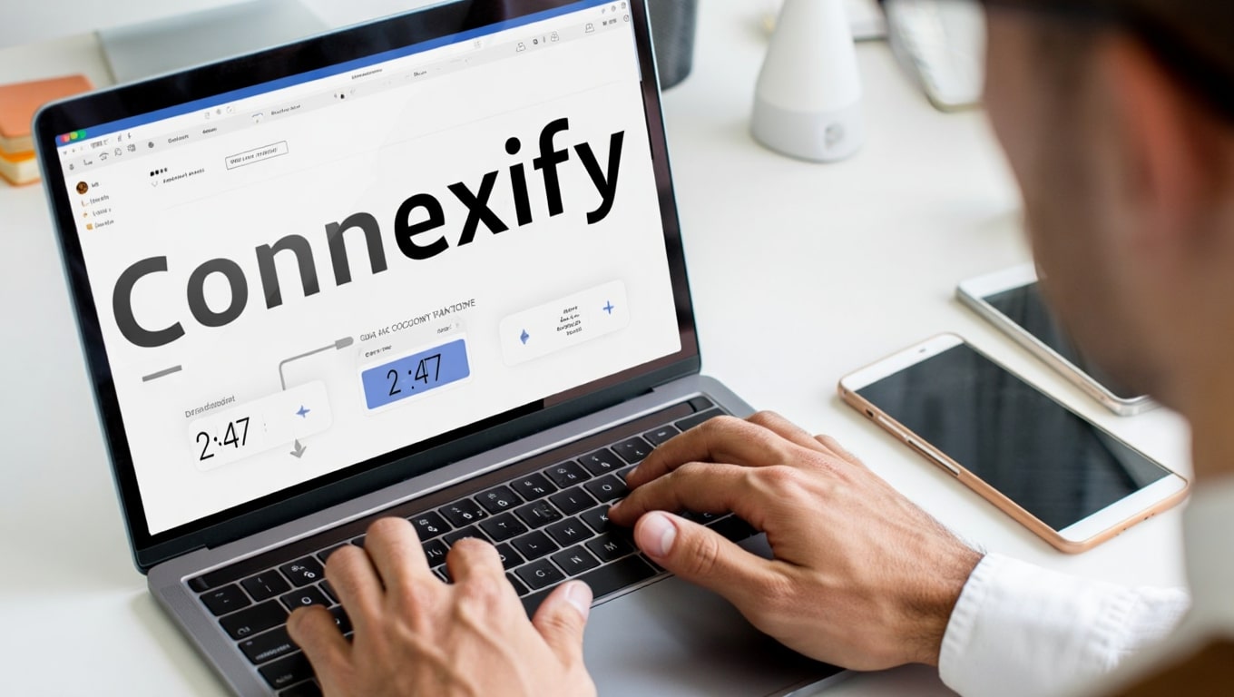 person-working-on-laptop-with-connexify-branding-and-timer