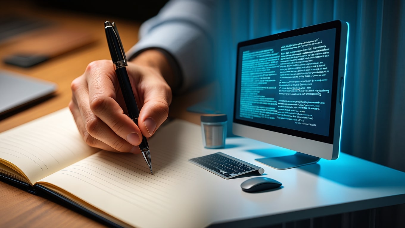 person-writing-in-notebook-with-code-on-computer-screen