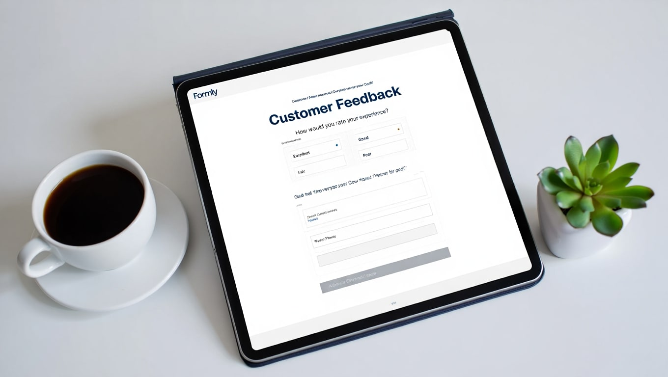 tablet-displaying-customer-feedback-form-with-coffee-and-plant